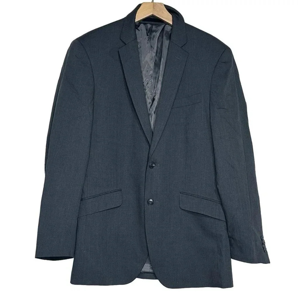 Kenneth Cole New York Blazer 38R Charcoal Gray Wool Blend Two Button Modern Fit